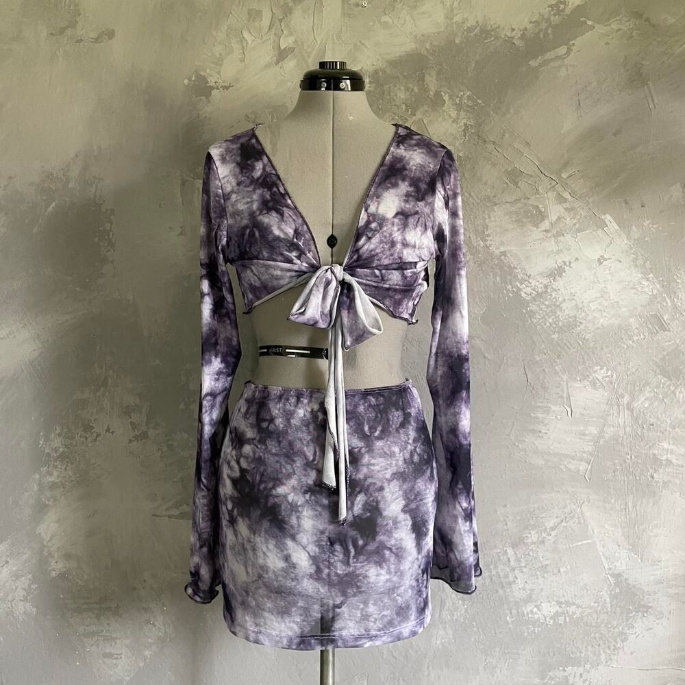SHEIN Purple Tie Dye Tie Front Crop Top Mini Skirt Set Size Large